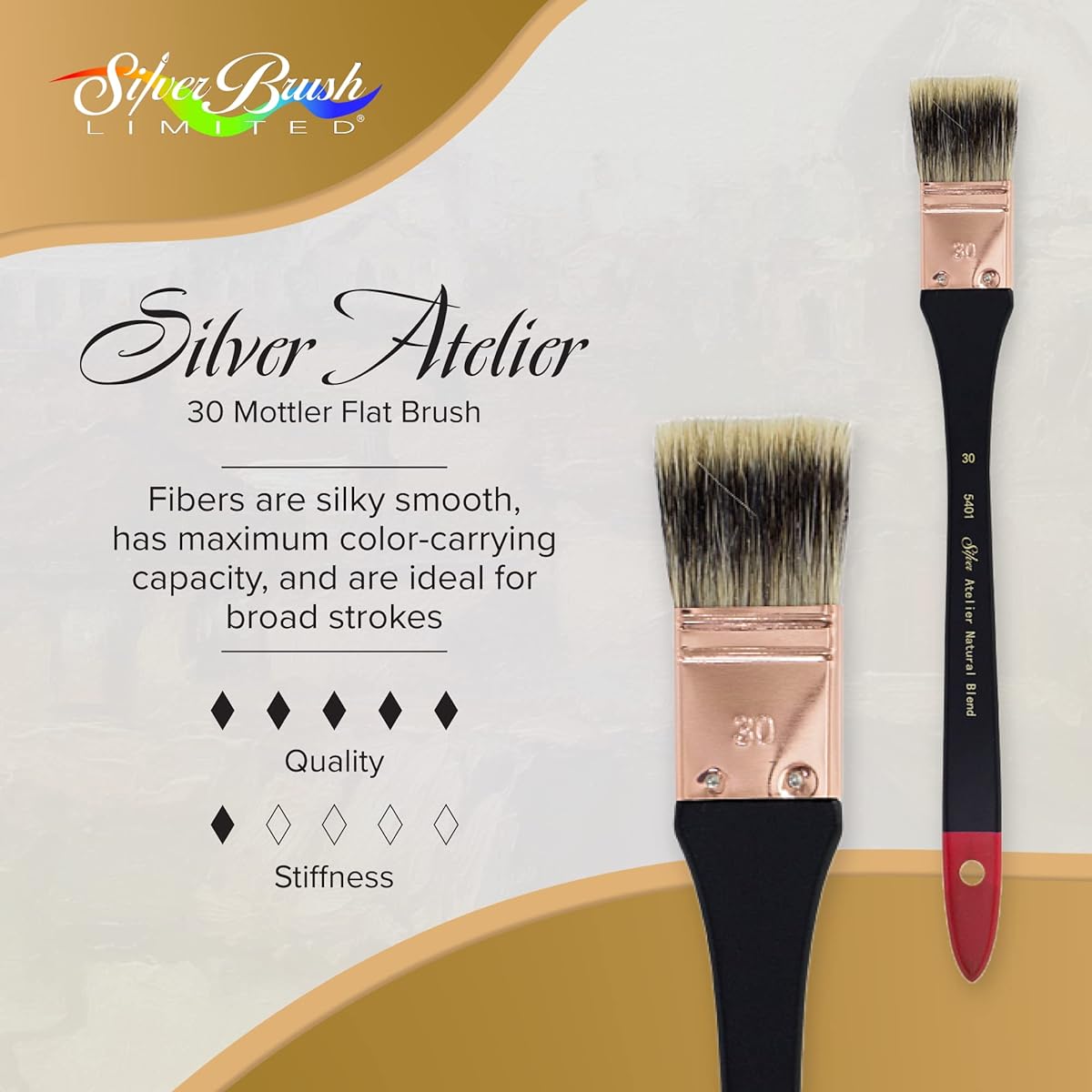 Silver Brush Limited 5401-30 Silver Atelier Badger/Synthetic Blend Mottler Flat Brush Size 30 Extra Long Handle