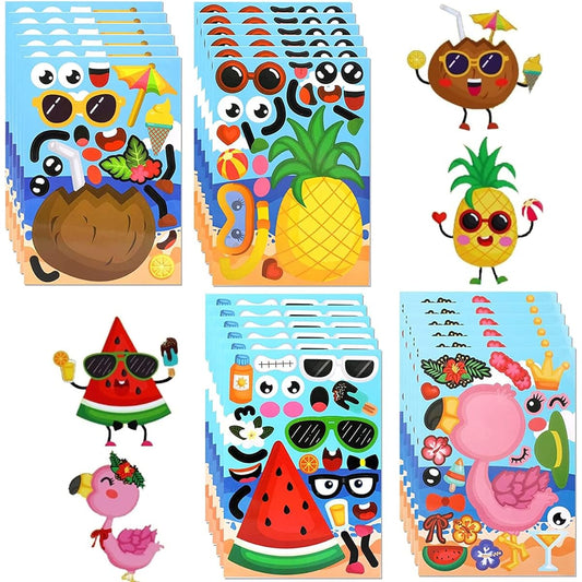 24 Piece Hawaiian Face Sticker Sheets, Make Your Own Pineapple Flamingo Stickers, DIY Tropical Luau Craft Projects for Kids Hawaiian Party Favors Summer Beach Mix & Match Stickers for Boys Girls