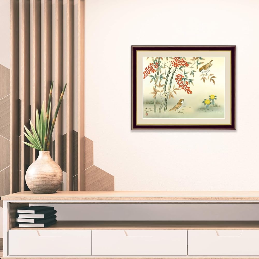Art Framed Flower and Bird Painting Winter Decoration Ayu Kitayama "Nanten Fukuju" Japanese Painting Framed Interior Art (F6/52 x 42cm)