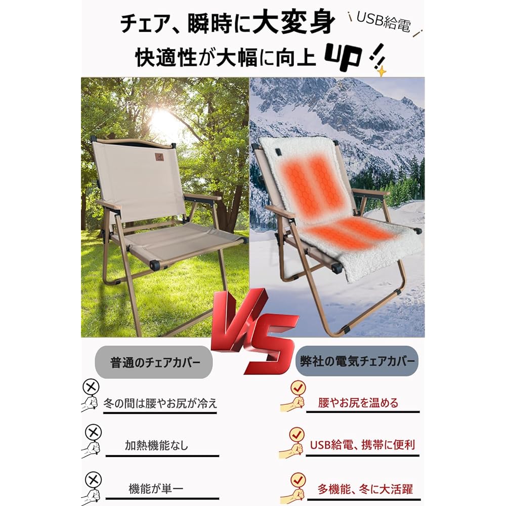 Camping Chair Cover, Outdoor Chair Cover, Electric Cushion, USB Powered, Hot Mat, 5-level Timer Settings, 5-level Temperature Adjustment, Japanese Heat Rays, Multifunctional, Compact, Foldable, Portable, Washable, Fishing, Mountain Climbing, Winter, Outd