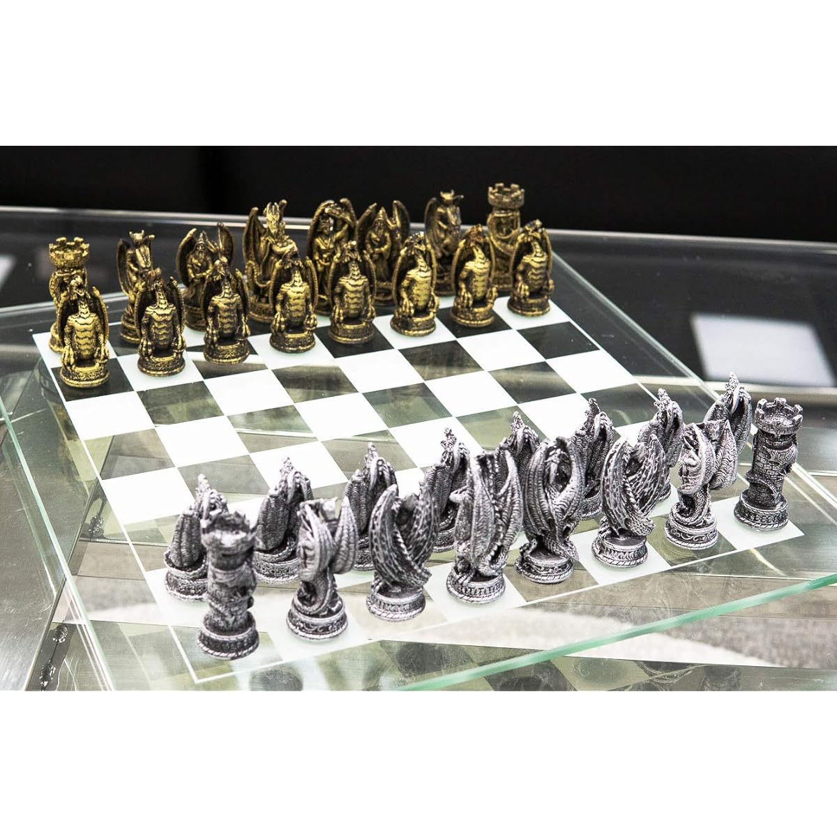 Ebros Gift Silver & Gold Painted Magic Fantasy Dungeons & Dragons Felt Based Resin Chess Pieces 15" x 15" Chessmen Frosted Clear Glass Board Set Game Board Game Collection
