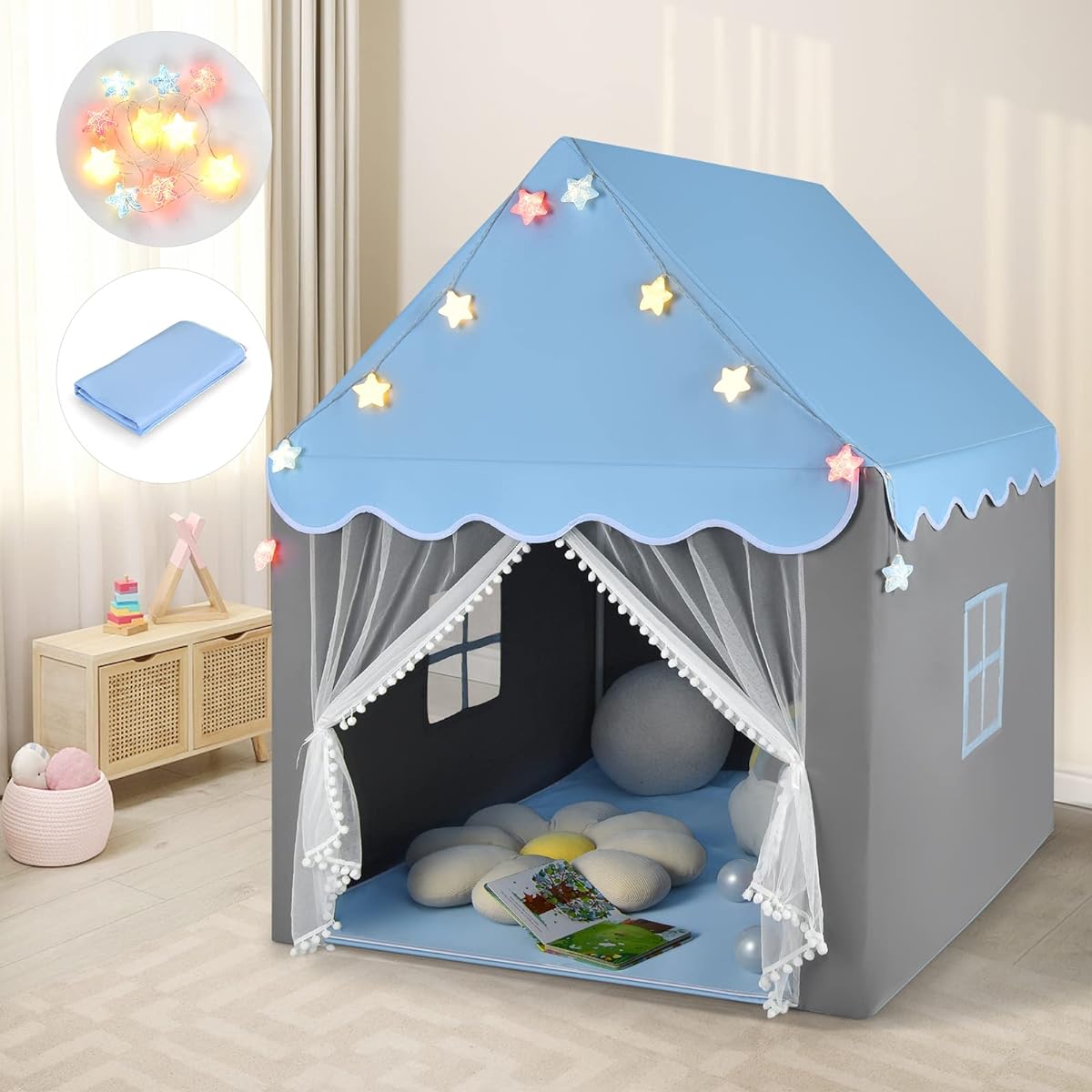 Costzon Kids Play Tent, Playhouse Tent with Washable Cotton Mat, Star String Lights, Window, Bottom Zipper, Large Indoor & Outdoor Castle Fairy Tent, Easy to Assemble, Gift for Boys & Girls (Blue)