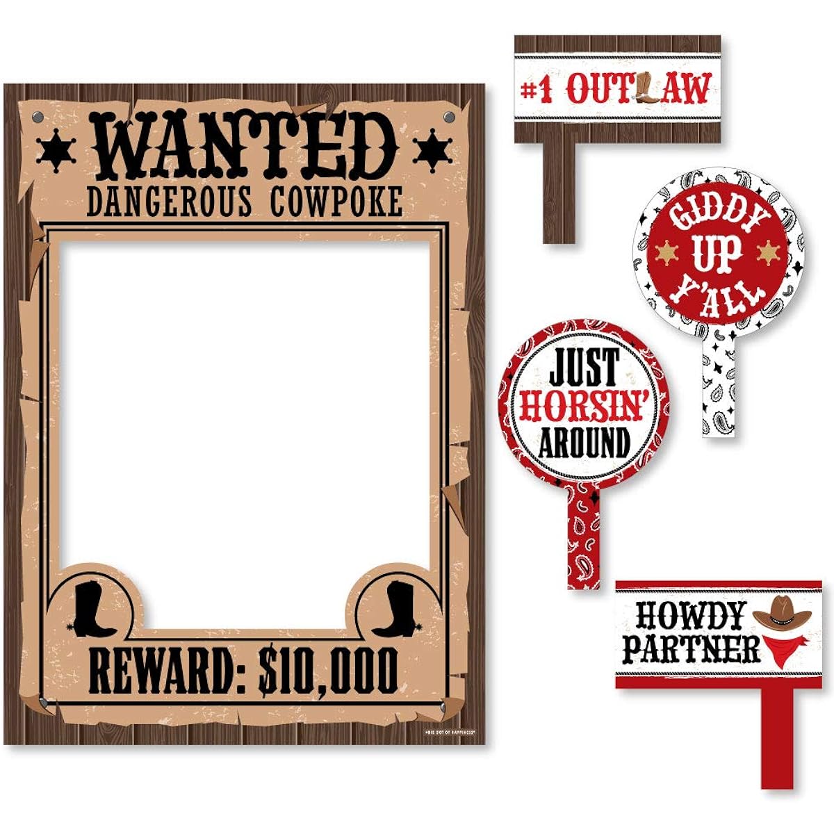 Big Dot of Happiness Western Hoedown - Wild West Cowboy Party Selfie Photo Booth Picture Frames and Props - Printed on Durable Material