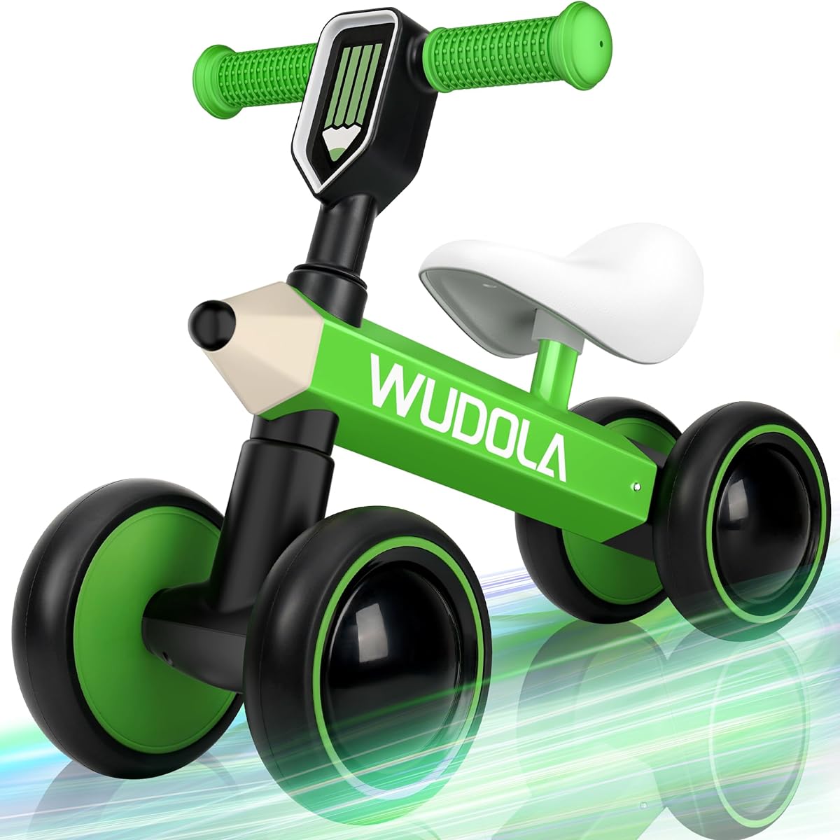 Wudola Baby Balance Bike for 10-36 Months, Toddler's First Riding Toy, No Pedals, 4 Wheels, Baby Walker, 1 Year Old Boy Girl Birthday Gift, Train Your Baby to Stand and Run (Green)
