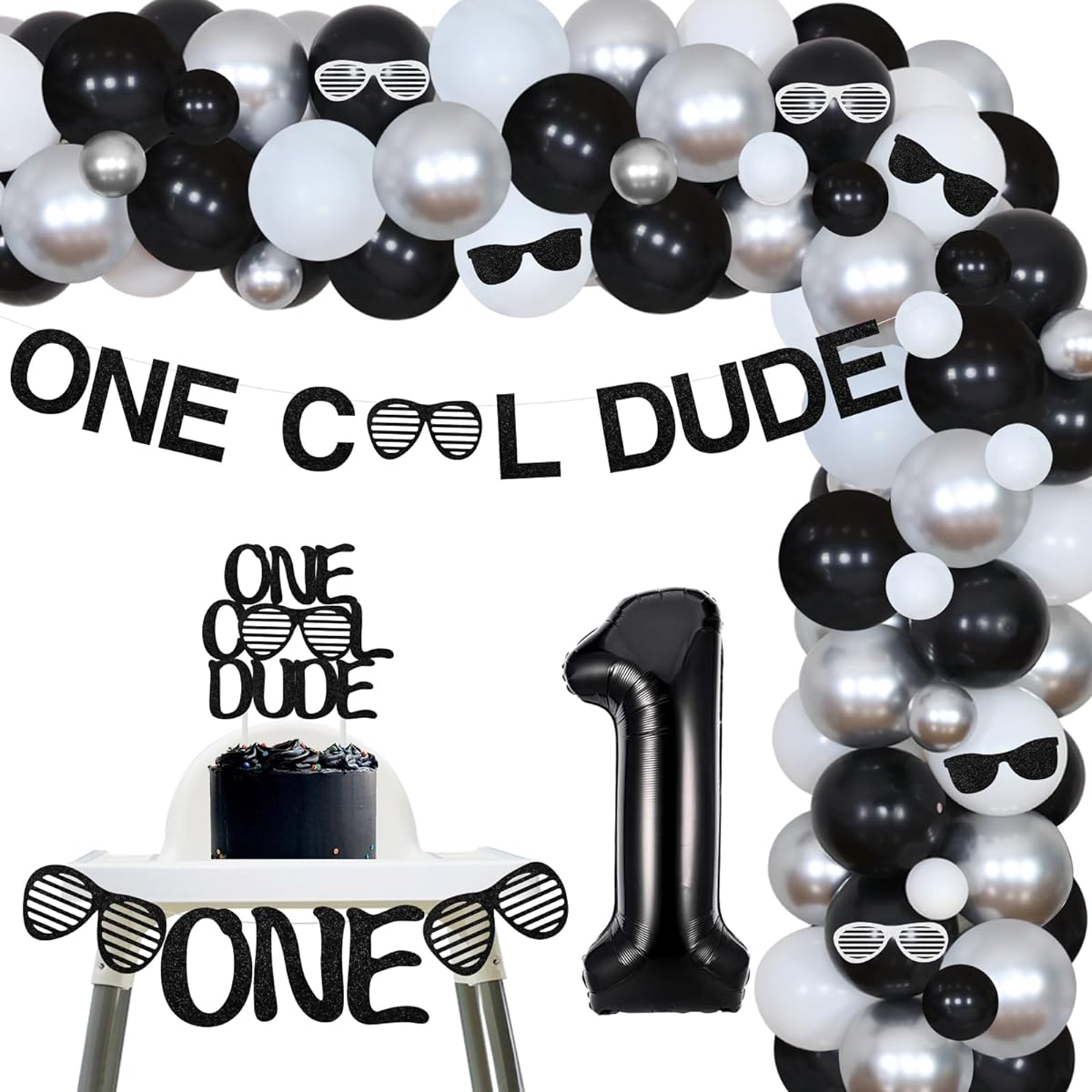 One Cool Dude 1st Birthday Party Decorations for Boys Silver Black Balloon Garland Arch Kit, Cool Dude Banner, Cake Topper, Highchair Banner, Glitter Sunglasses Card for Baby Boys 1st Birthday