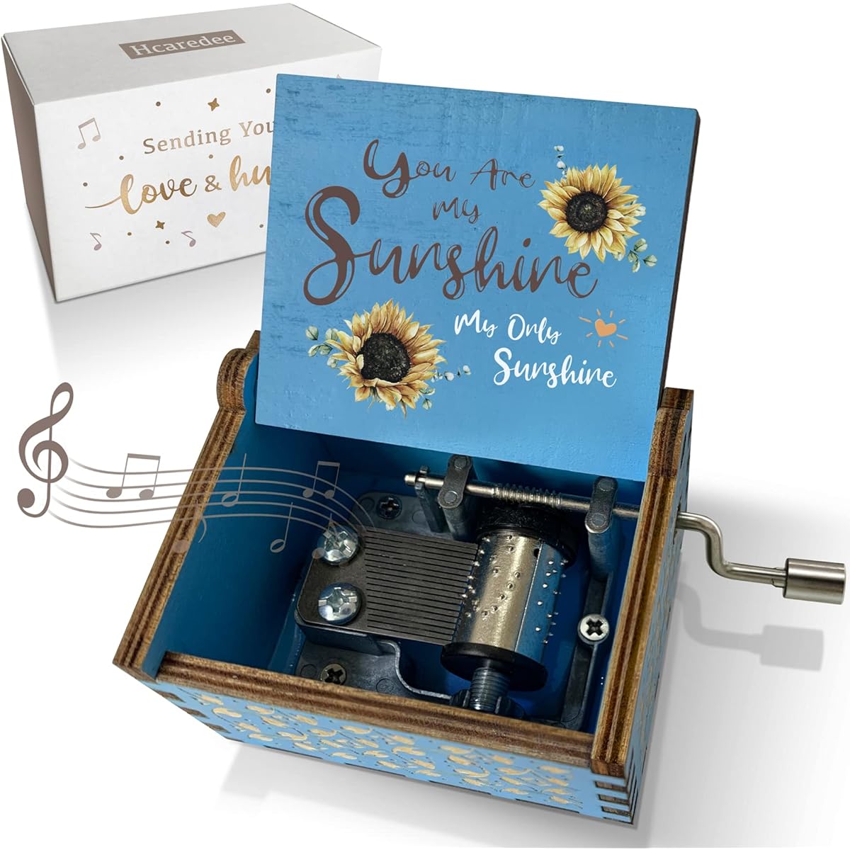 Hcaredee Sunflower Wooden Music Box You are My Sunshine Valentine's Day Vintage Craft Laser Engraved Mechanism Small Keepsake Music Box for Girls Women Mother Wife Lover Kids (Blue)