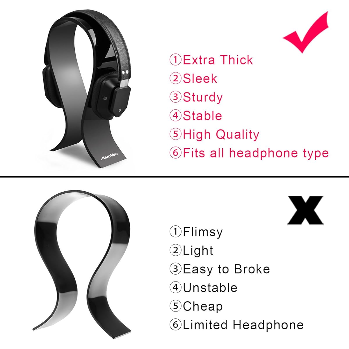 AmoVee Acrylic Headphone Stand, Gaming Headset Holder/Hanger, Extra Thick, Black