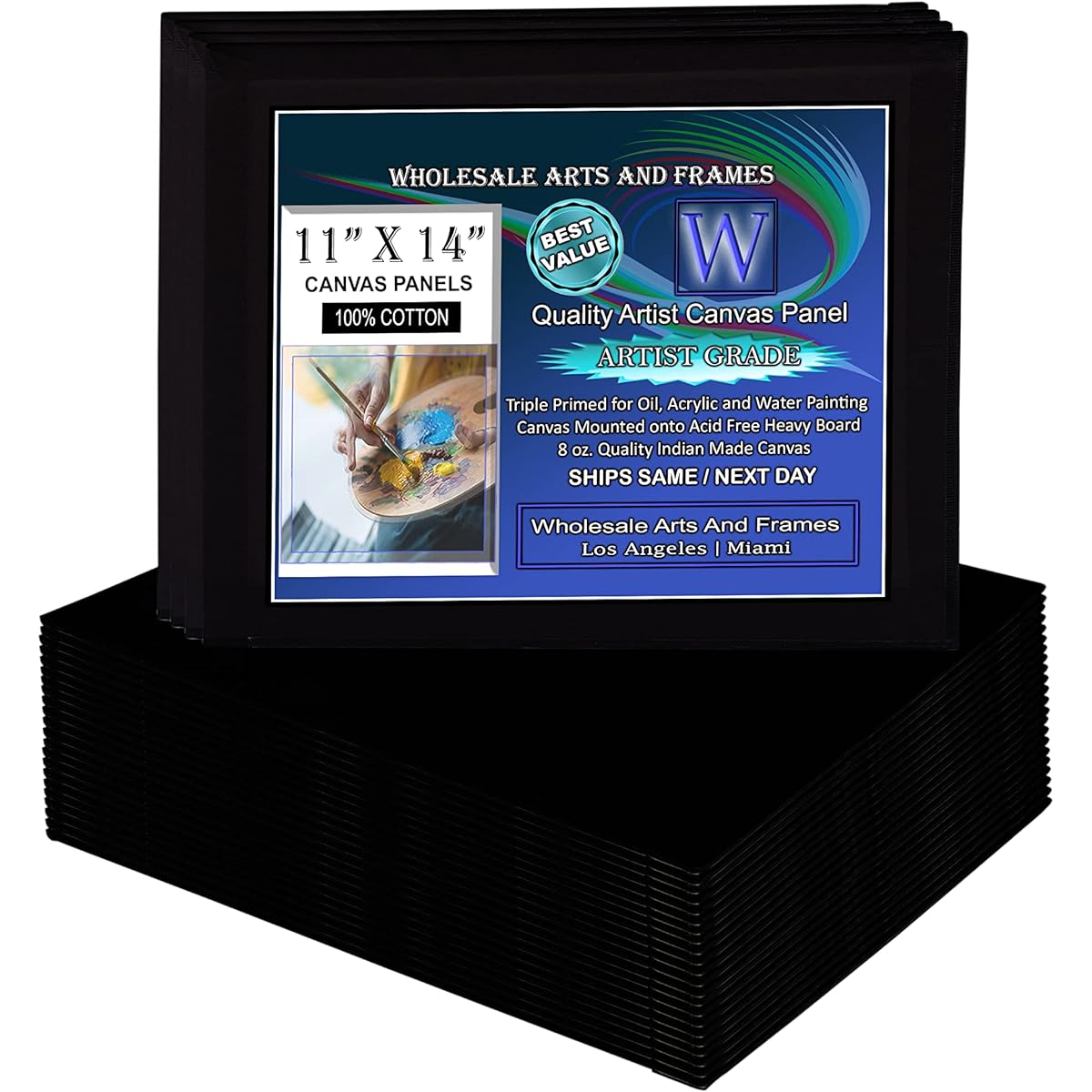 WholesaleArtsFrames-com Black Canvas Panels 11x14 Inch 12 Pack Professional Cotton Artist Quality Acid Free Primed Canvas Board for Acrylic, Oil, Wet or Dry Art Media for Crafts and Projects