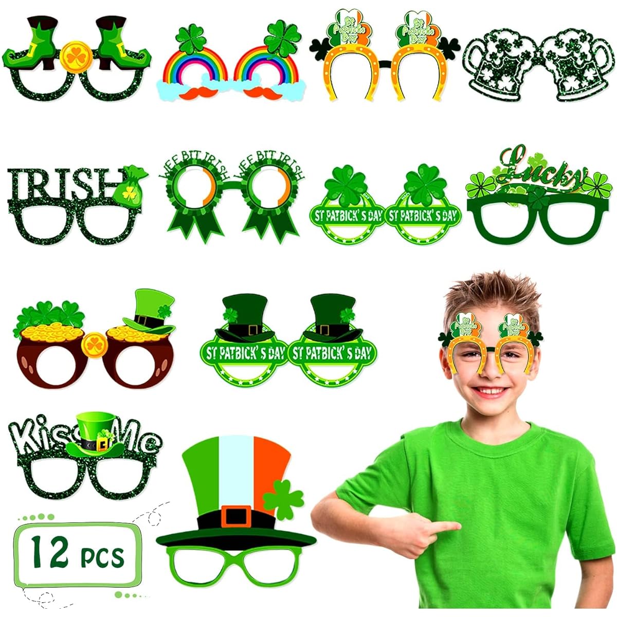 Leesgel St. Patrick's Day Glasses for Party Gifts, 12pcs St. Patrick's Day Shamrock Decorative Accessories for Funny Irish Costume Photo Booth Props Party Supplies