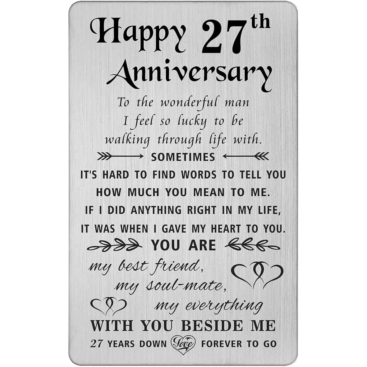 TANWIH 27th Anniversary Card Gift for Husband, Happy 27 Years Wedding Anniversary Card Men's Gift Engraved Metal Wallet Insert