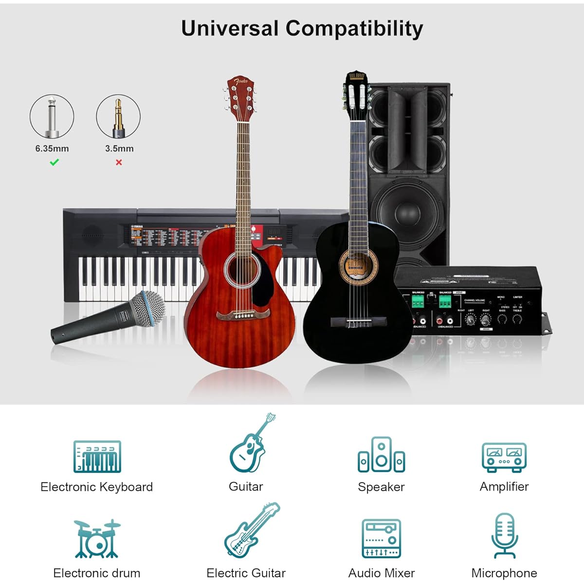 6.35mm to 6.35mm Stereo Audio Cable, FIBBR Straight 1/4" TS Audio Guitar Plug-in, Nylon Braided for Electric Guitar, Bass, Amplifier, Mixer, Keyboard, Speaker (10M, 4)