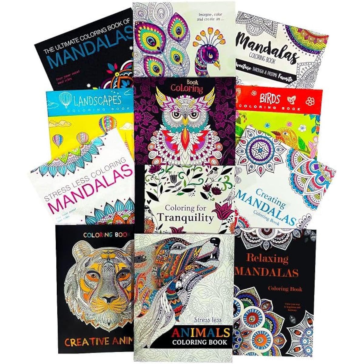 Idea Liftoff Adult Coloring Book Super Set 12-Book Pack - Adult Coloring Book Set of 12 Books Featuring Women's, Men's, Mandala and More | Advanced Coloring Book Set