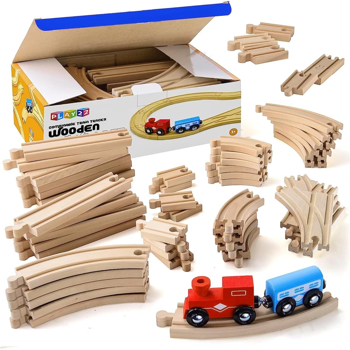 Wooden Train Tracks - 52 PCS Wooden Train Set + 2 Bonus Toy Trains - Train Sets For Kids - Car Train Toys Is Compatible With Thomas Wooden Railway Systems and All Major Brands - Original - By Play22