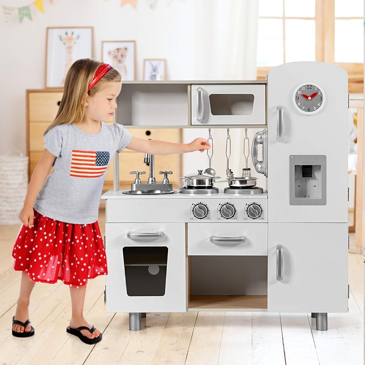 OLAKIDS Kids Kitchen Playset for Toddlers Wooden Pretend Toy with Refrigerator, Stove, Microwave, Telephone, Sink, Water Dispenser, Real Lights and Sounds, Cabinets, Kids Cooking Gifts for Ages 3+