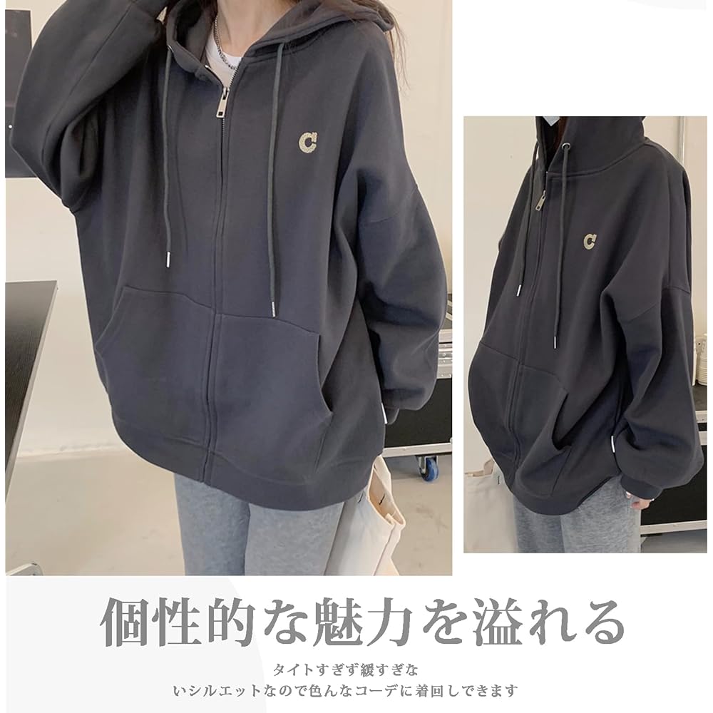 [Vincent house] Women's Parka, Tops, Outerwear, Zip Parka, Large Size, Loose, Hooded, Spring, Autumn, Winter, Stylish