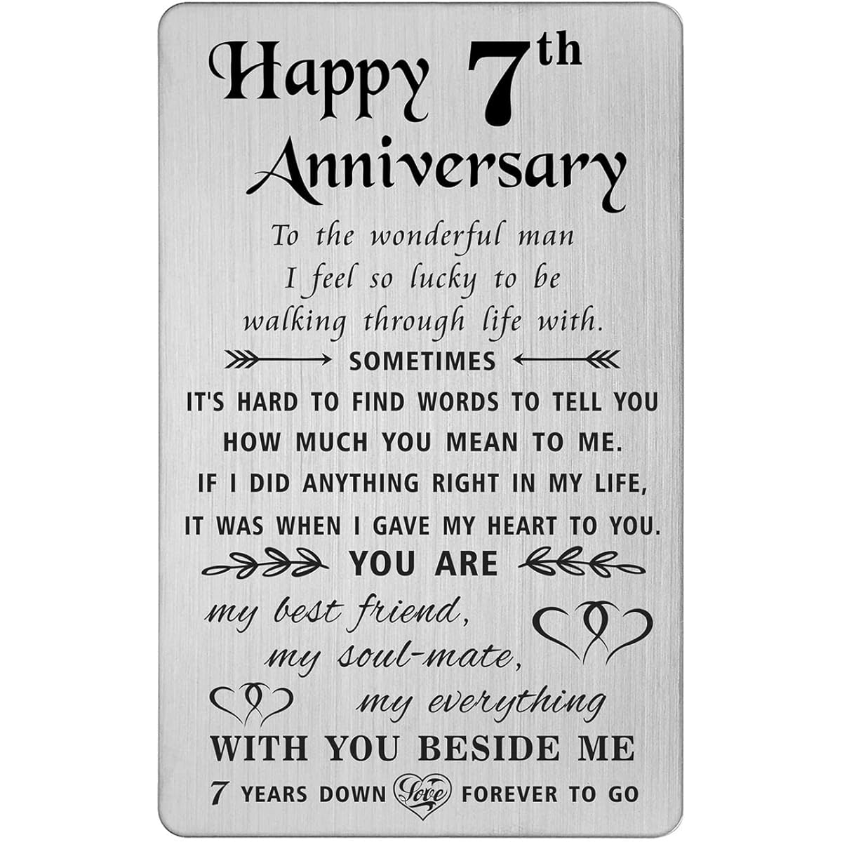 TANWIH 7th Anniversary Card for Husband - 7 Years Down Forever to Go - 7 Year Down Forever to Go Wedding Anniversary Card for Men Engraved Metal Wallet Card