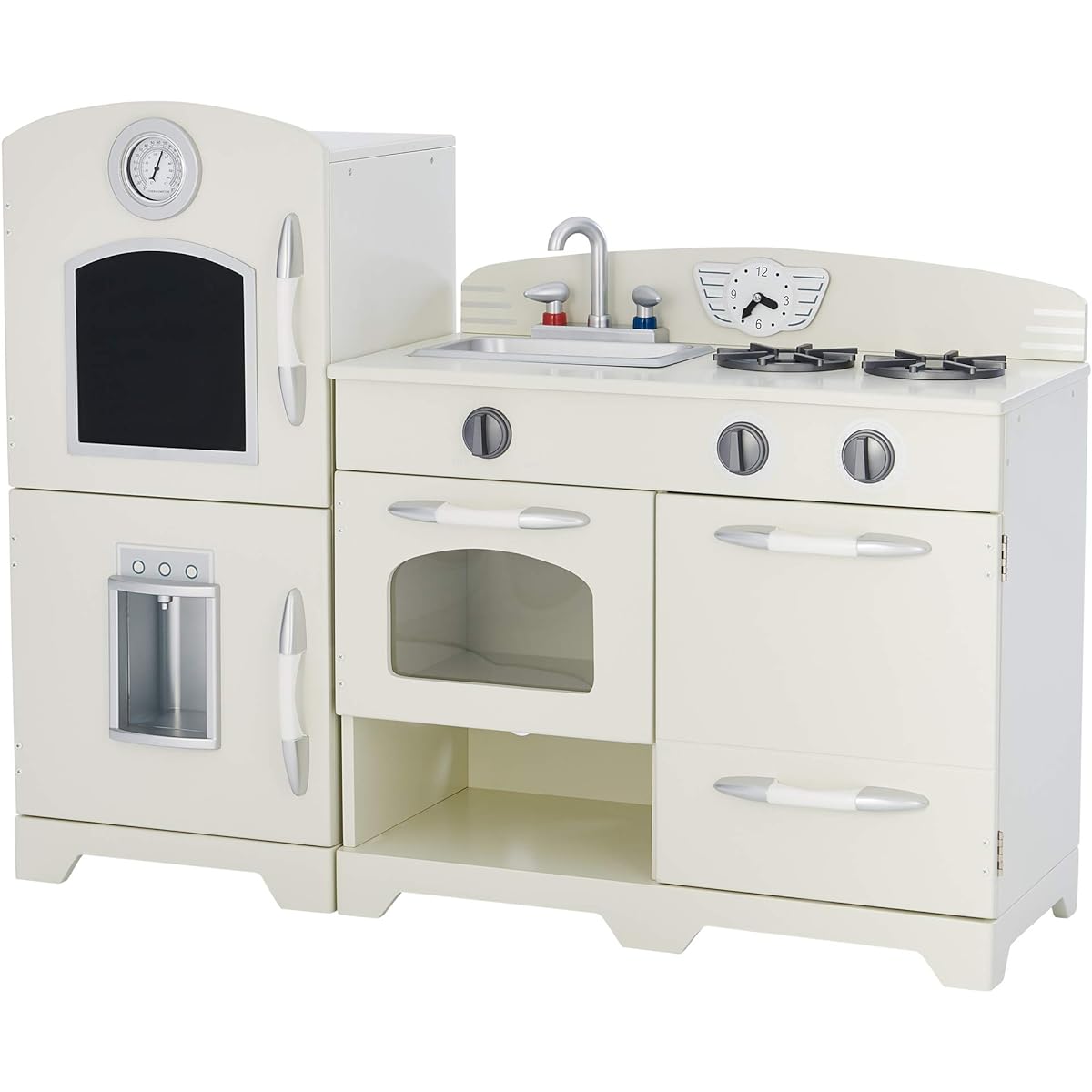 Teamson Kids Little Chef Fairfield Retro Modular Interactive Wooden Play Kitchen with Refrigerator, Sink, Stove and Storage, Easy to Clean, Off-White with Chrome Accents