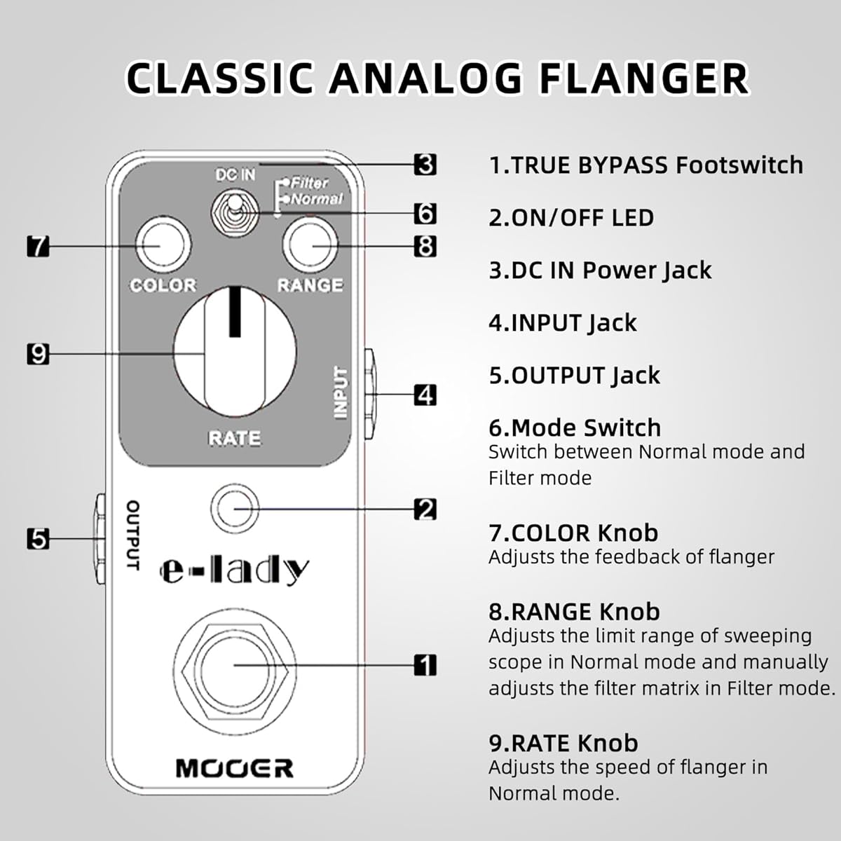 MOOER E-lady Analog Flanger Pedal Filter Mode Oscillator Effect True Bypass