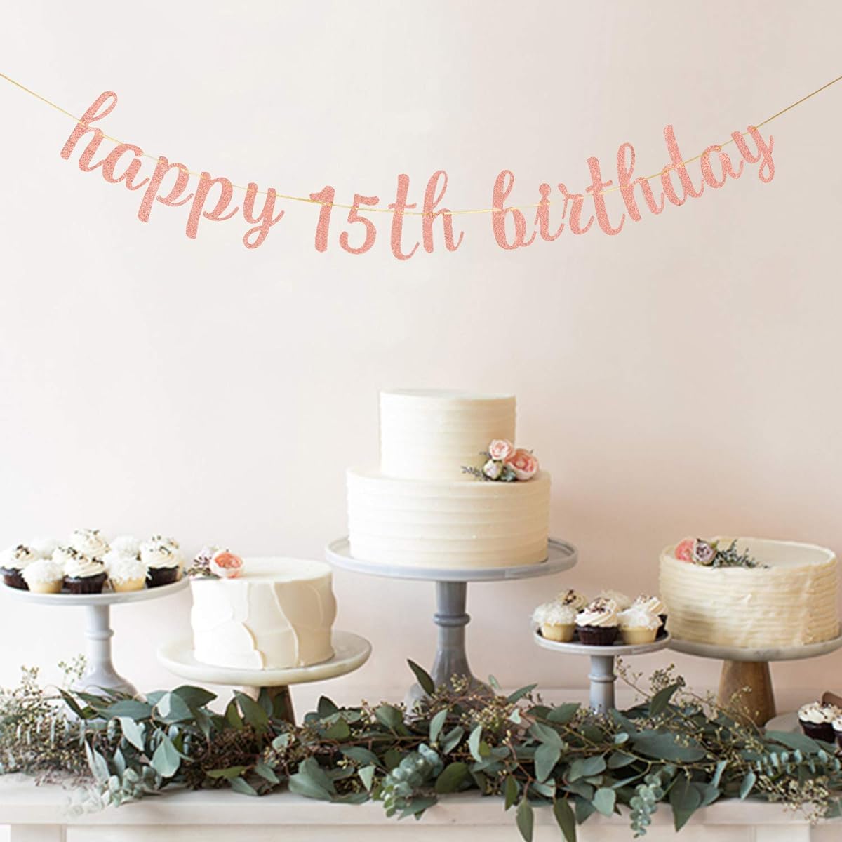 INNORU Glitter Happy 15th Birthday Banner - Official Teenager Banner - Cheers to 15 Funny Birthday Party Bunting Decorations Rose Gold
