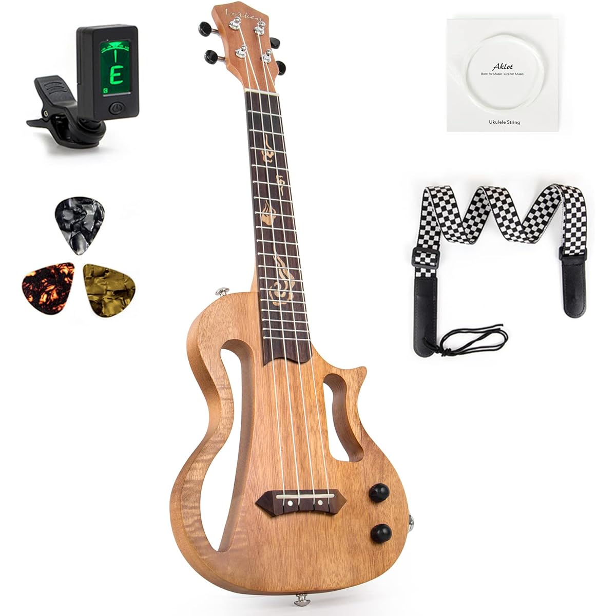 Silent Ukulele Lotkey 23 Inch Body Electric Ukulele for Practice and Performance AMP Output Italian Nylon Strings Tuner Strap & Full Accessories Included