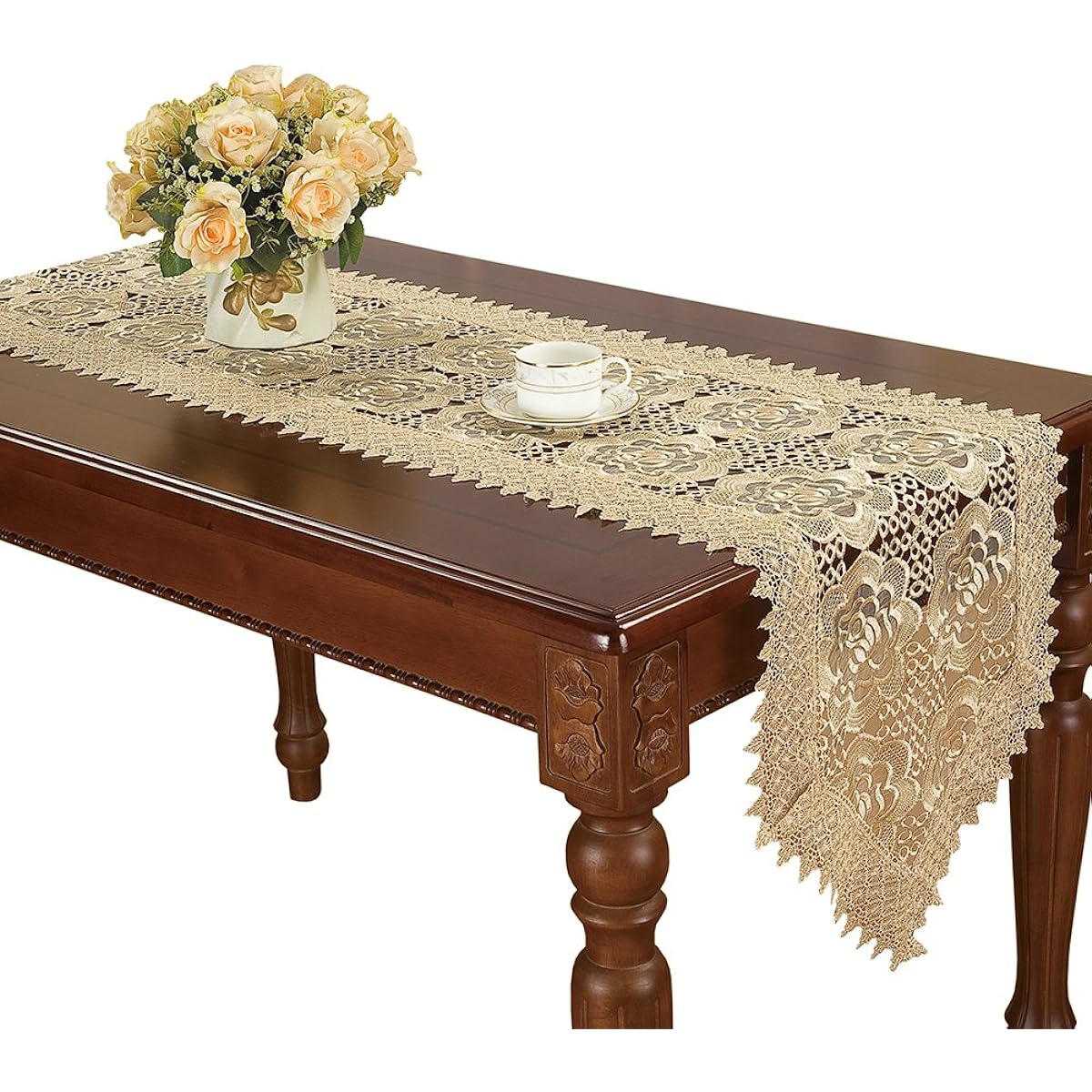 Simhomsen Lace Table Runner Embroidered Rose Flowers Translucent Gauze Beige Customizable 16*72 Inch Beige B00XTQA0FW