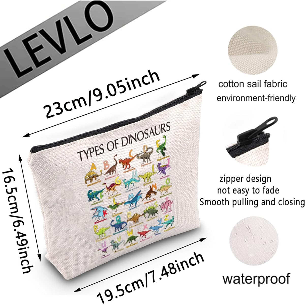 LEVLO Dinosaur Alphabet A-Z Cosmetic Makeup Bag Dinosaur Lover Inspired Gifts Types Dinosaur Makeup Zipper Pouch Bag for Friends Family, Dinosaur Types