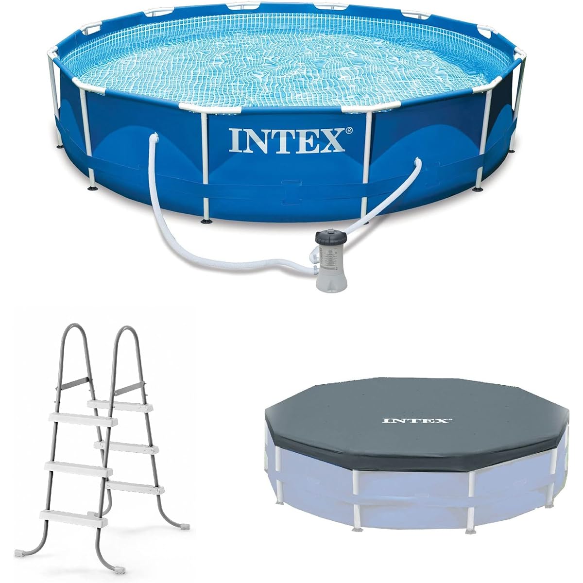 Intex 12' x 30" Metal Frame Round Above Ground Swimming Pool with Pump, PVC Vinyl Cover, and 42" Tall Steel Ladder