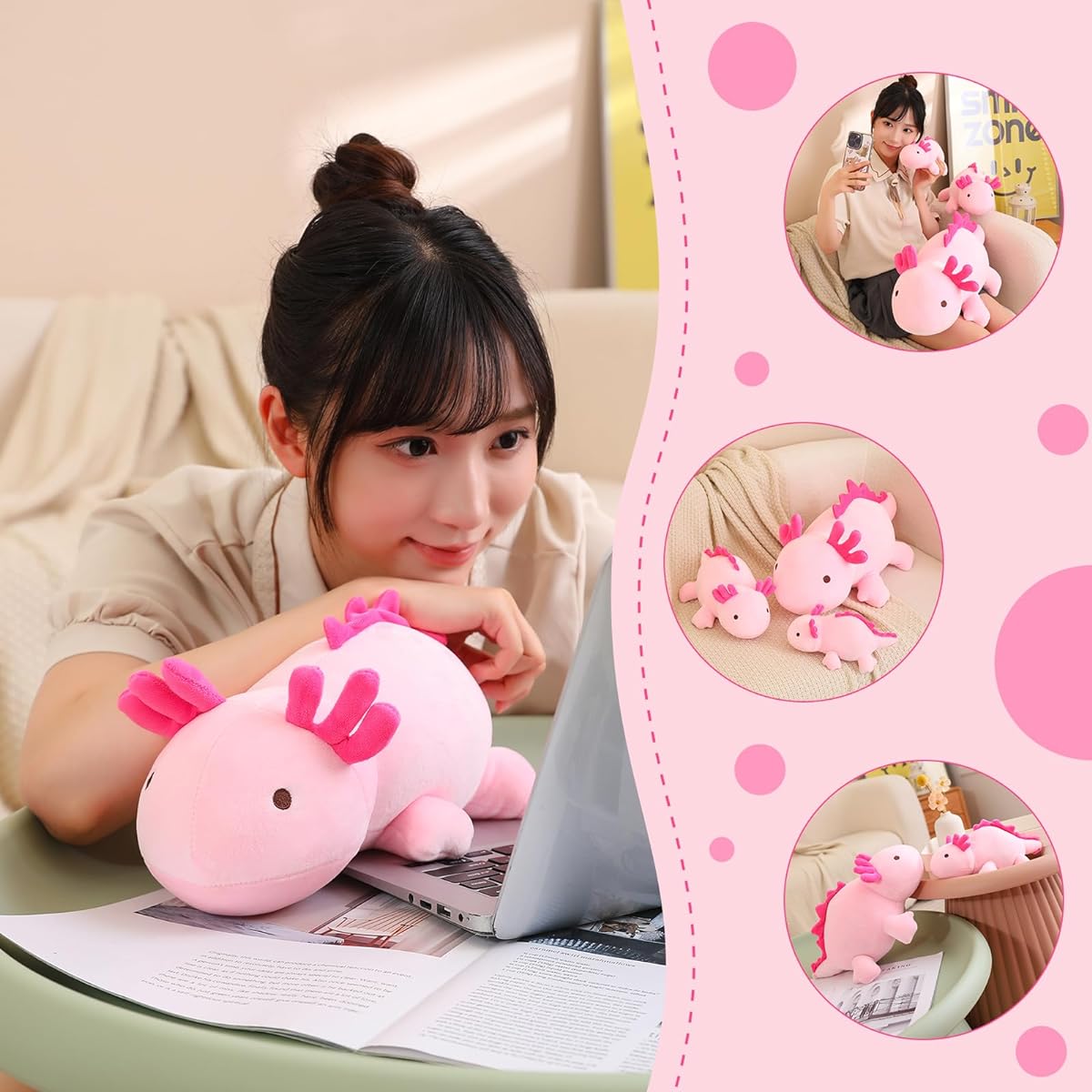 SQEQE Weighted Axolotl Plush Toy Pink Axolotl Stuffed Animal 1,500 lbs Pink Axolotl Plush Toy Cute Cartoon Axolotl Plush Pillow for Boys Girls Gift - 13.8 Inch