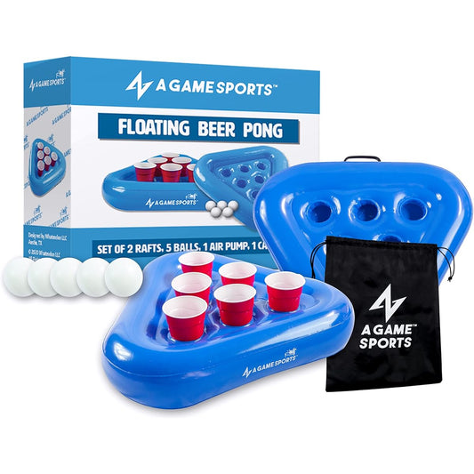 A GAME SPORTS Pool Pong Rack - Inflatable Floating Beer Pong Rack for Pool Parties Water Games with 2 Rafts & 5 Pong Balls - Blue