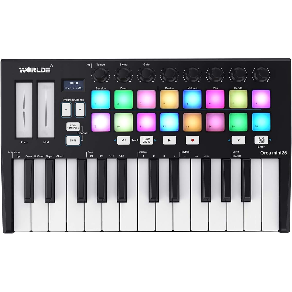 summina Portable 25 Key USB MIDI Keyboard Controller with 16 RGB Backlit Trigger Pads and 8 Assignable Control Knobs