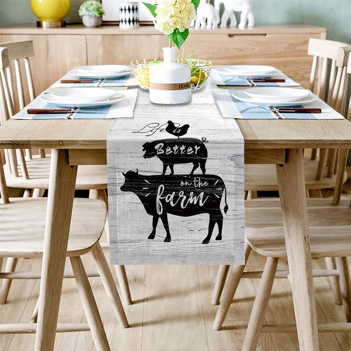 Vandarllin Cotton & Linen Table Runner Dresser Rooster Pig Cow Rustic Burlap Tablecloth for Farmhouse Table Wedding Picnic Decor 13 x 90 Inches Life is Better on The Fine Rustic Wood