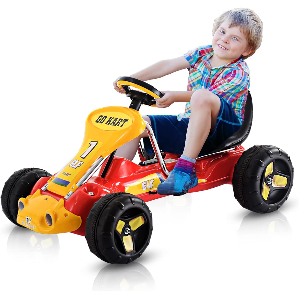 Costzon Go Kart for Kids, 4 Wheel Pedal Driven Car with 3 Position Adjustable Seat, Steering Wheel & Anti-Slip Wheels, for Boys & Girls, Outdoor Quad Racing Ride, Ages 3-7 (Red)