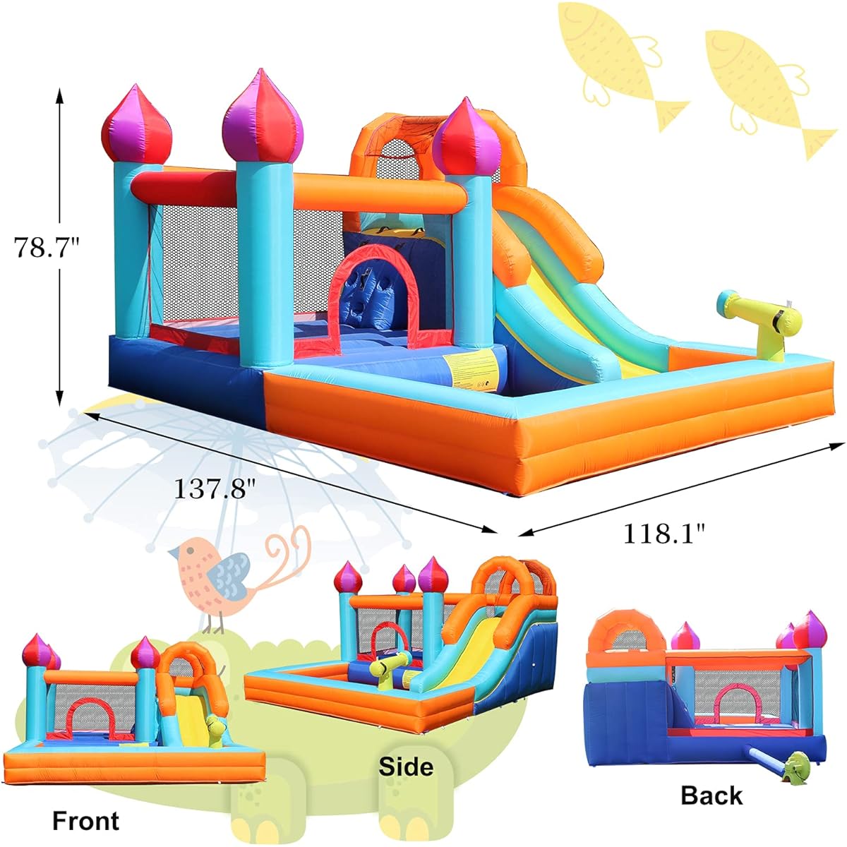 WelandFun Inflatable Water Slide Park with Splash Pool for Kids Climbing Wall Bounce House with Ball Shooting Bouncy Castle for Kids with Blower for Outdoor Backyard