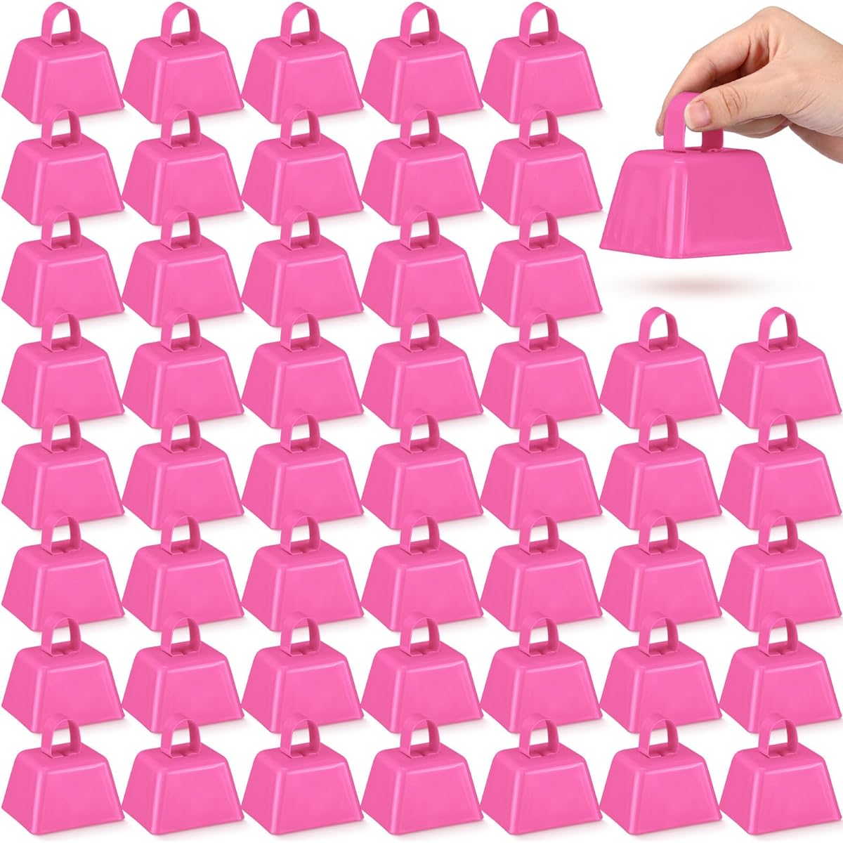 Lukmaa 50 Pack Metal Cowbell Bulk 3 x 2.4 x 3 Inch with Handle Novelty Noise Maker Sports Event Cheer Team Spirit Wedding Graduation Baseball Football Game Party (Pink)