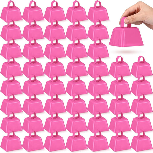 Lukmaa 50 Pack Metal Cowbell Bulk 3 x 2.4 x 3 Inch with Handle Novelty Noise Maker Sports Event Cheer Team Spirit Wedding Graduation Baseball Football Game Party (Pink)