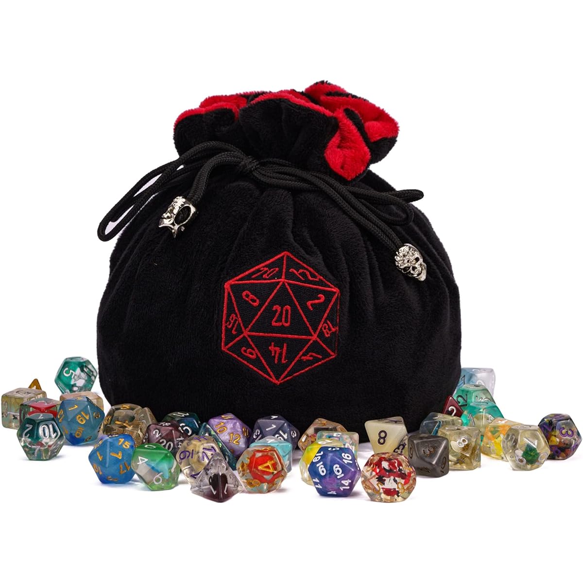 KSNDie Large Dice Bag with Pocket Black Storage Bag D20 Logo for DND RPG MTG Game Dice (Includes 1lb Random DND Dice)
