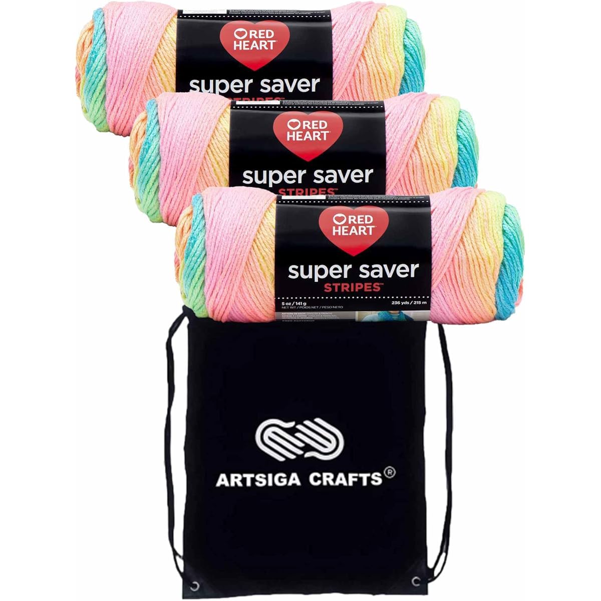 Red Heart Knitting Yarn Super Saver Stripe 3 Skin Factory Pack (Same Color Dylot) E300A Artsiga Crafts 3 Pack with 1 Project Bag MPN-E300-4971