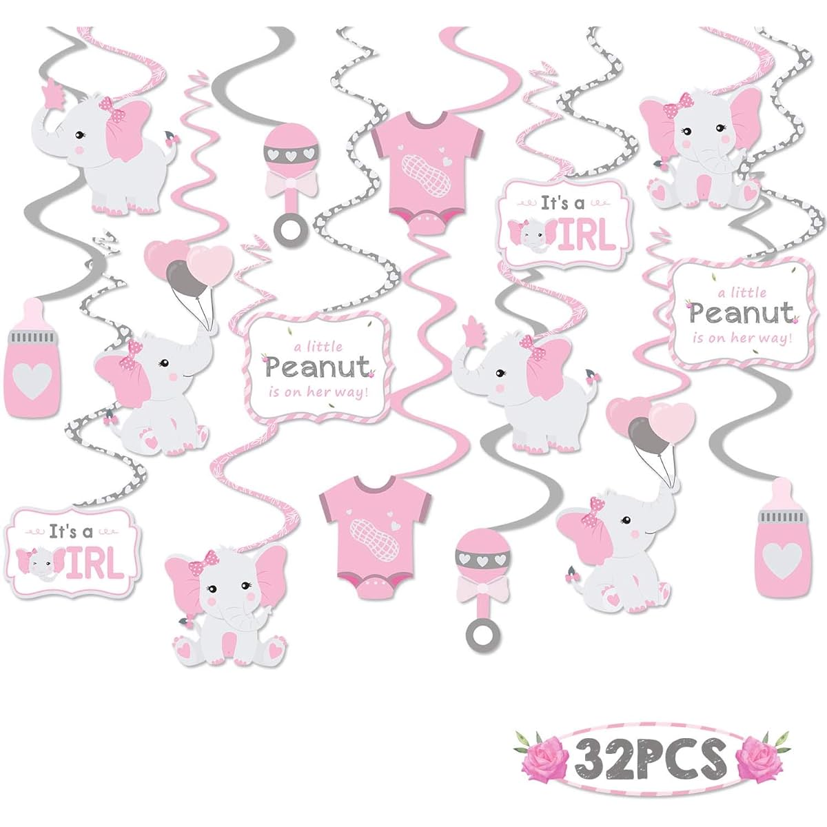 Faisichocalato 32CT Pink Elephant Little Peanut Hanging Swirls Decorations for Girls Baby Shower Girl Theme Party Ceiling Door Swirls Streamers Pink Elephant Theme Party Birthday Party Supplies