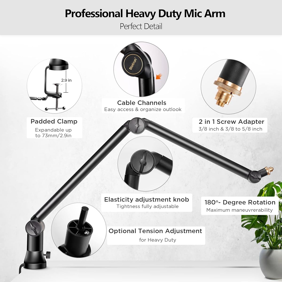 Bietrun Microphone Arm Desk Mount (Longer) for Shure SM7B/MV7/Blue Yeti/Nano/Hyperx Quadcast, Adjustable 360° Rotatable Universal Heavy Duty Metal Mic Arm with 3/8" to 5/8" Adapter, Cable Trough and Headset Hook.