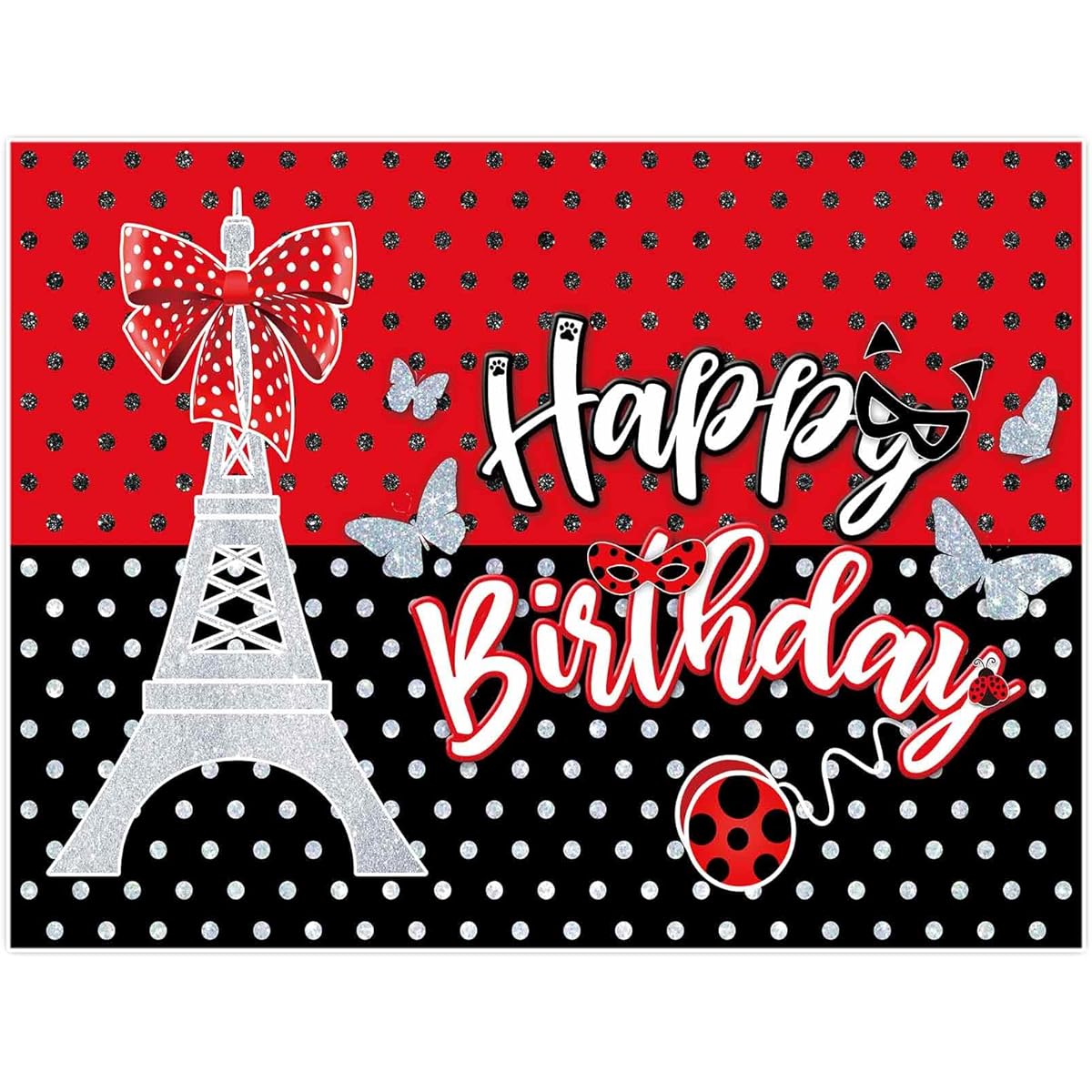 Allenjoy 96" x 72" Ladybug Birthday Backdrop Red and Black Glitter Party Supplies Decorations for Photoshoot Baby Girls Kids Birthday Banner Eiffel Tower Bow Decor Background Photo Booth Props