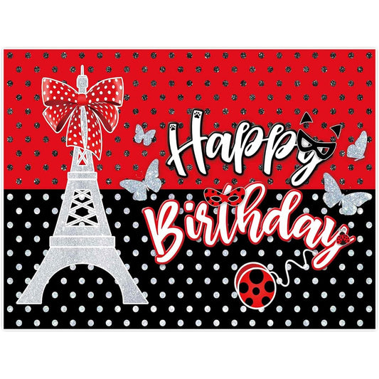 Allenjoy 96" x 72" Ladybug Birthday Backdrop Red and Black Glitter Party Supplies Decorations for Photoshoot Baby Girls Kids Birthday Banner Eiffel Tower Bow Decor Background Photo Booth Props