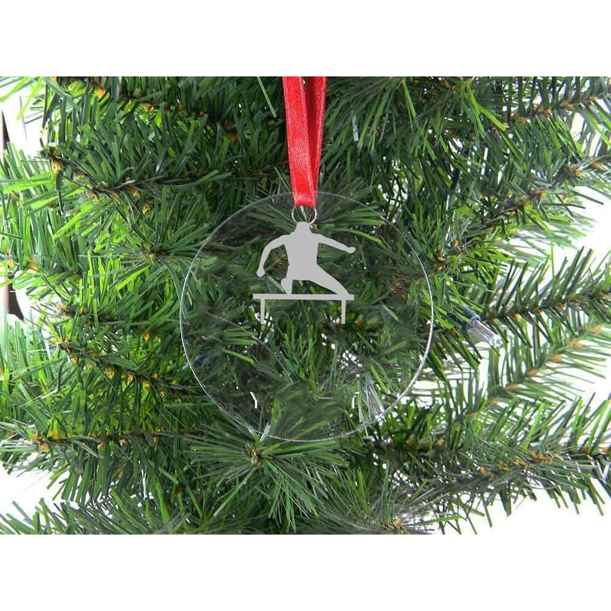 Personalized Custom Hurdler, Hurdle, Truck Clear Acrylic Tree Ornament with Red Ribbon