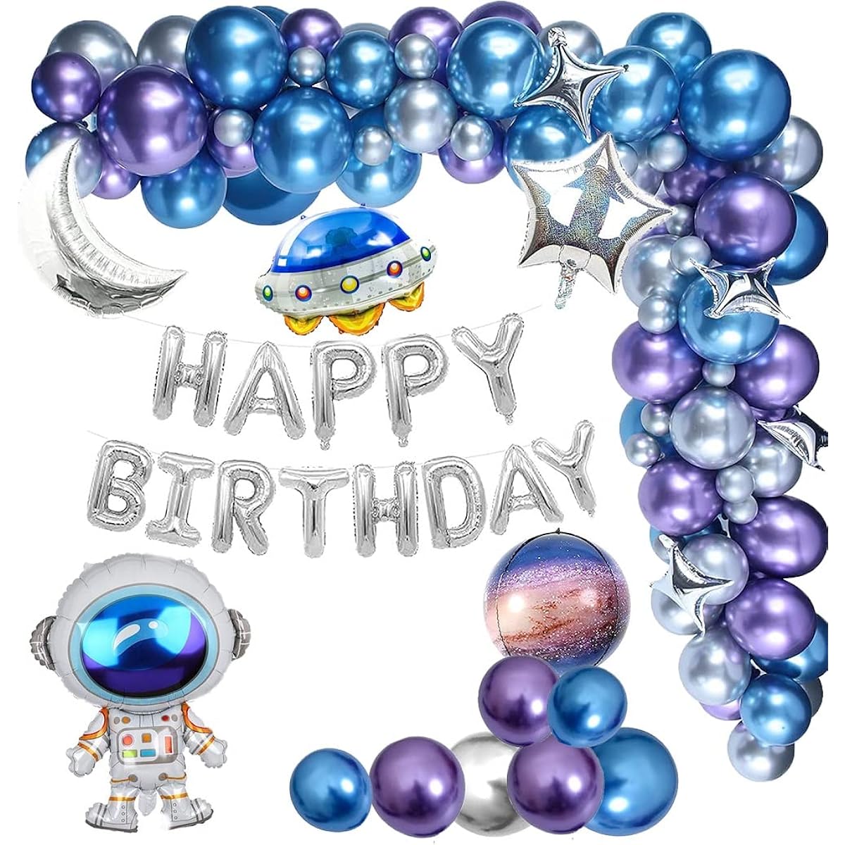 Boojarr 113pcs Space Birthday Party Decorations Metallic Balloons Garland Arch Kit Happy Birthday Galaxy Rocket Astronaut Moon Star Foil Balloons for Boys Kids Birthday Party Decorations Supplies