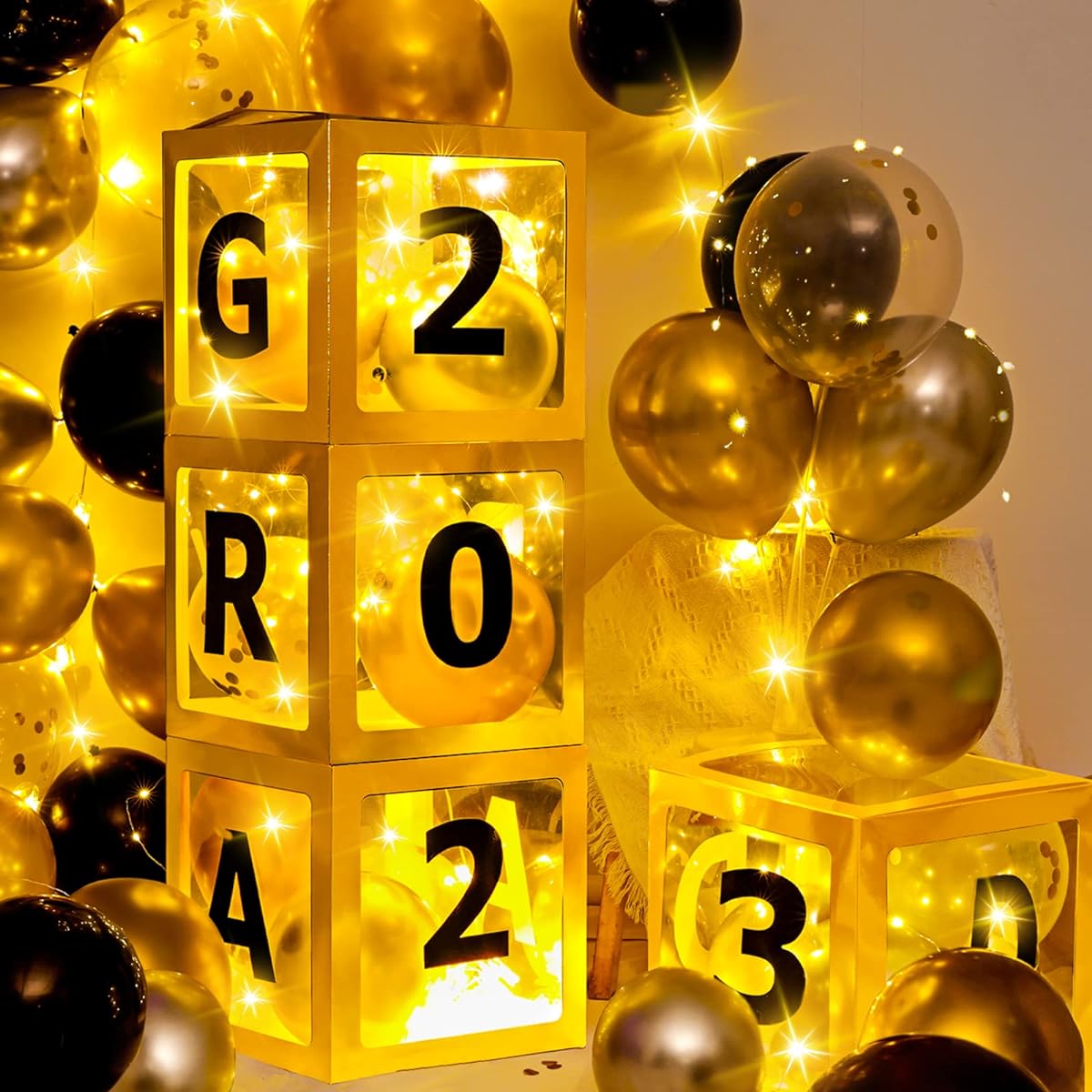 2023 Graduation Party Decorations Black Gold Graduation Balloon Box with 4 LED String Lights and Word GRAD, 40 Balloons, College/School/Congratulations/Graduation Box Decorations (Batteries Included)