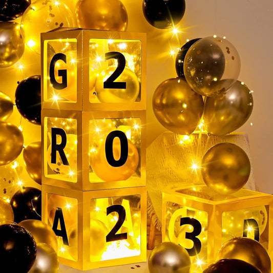 2023 Graduation Party Decorations Black Gold Graduation Balloon Box with 4 LED String Lights and Word GRAD, 40 Balloons, College/School/Congratulations/Graduation Box Decorations (Batteries Included)