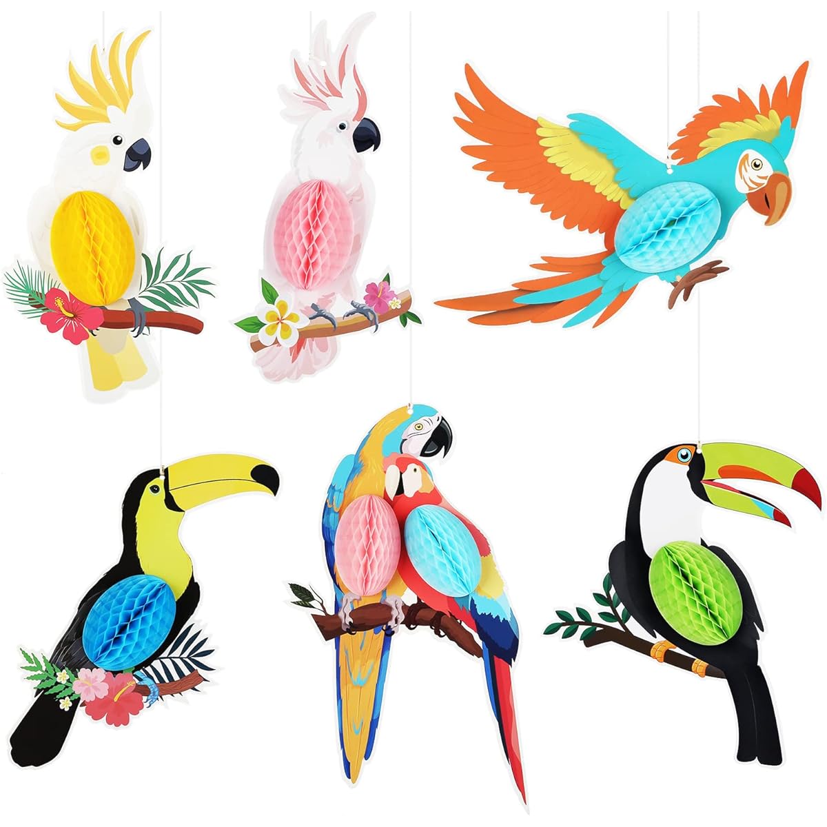 Fontien 6 Pieces Honeycomb Paper Cutouts Tropical Parrot Bird Honeycomb Hawaiian Luau Party Decorations for Summer Beach Tiki Bar Party Home Classroom Supplies