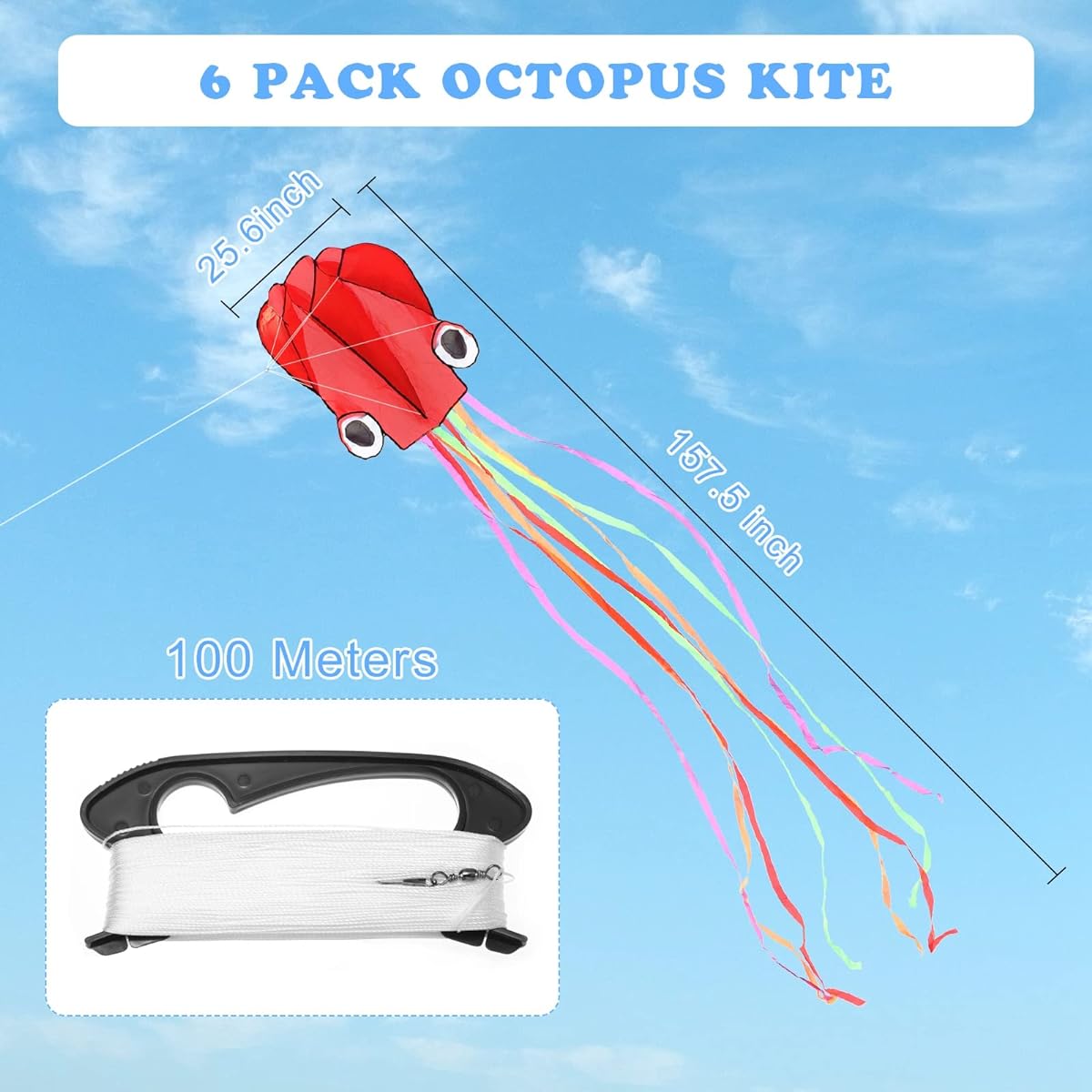 Skylety Octopus Kites 6 Pieces Easy Flyer Kites with Long Tail 100m Flying Line Playing with Kids on the Beach Park Outdoor Games Activities