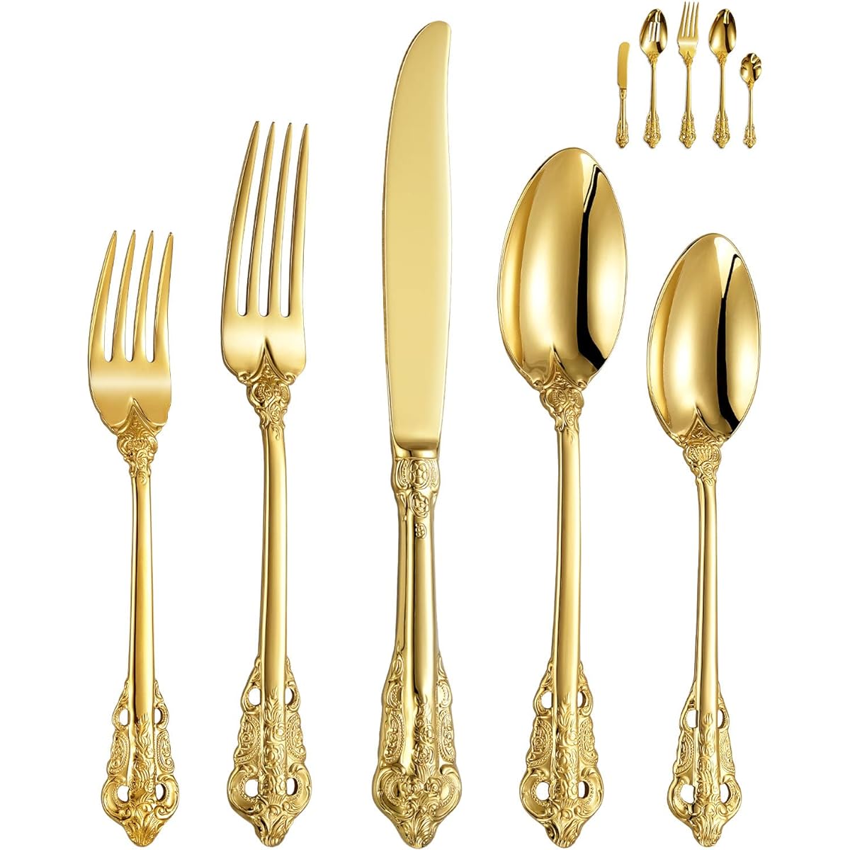 KEAWELL Gorgeous 65 Piece Gold Dinnerware Box Set Steel Knives and Forks, Heavy Tableware Antique Gold Dinnerware Set 18/10 Serves 12 Antique Baroque Gilding Style Dinnerware Set