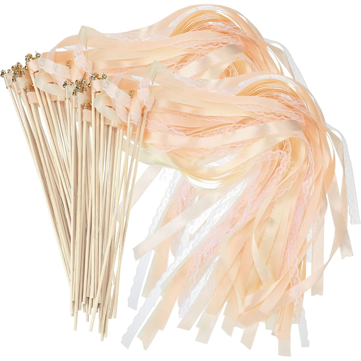 Ribbon Wands Wedding Streamers 100pcs with Triple Ribbons and Bells Silk Fairy Stick Wands Wedding Ribbons Wands Party Favors Streamer Ribbon Sticks Wedding Party Celebration Champagne Lace