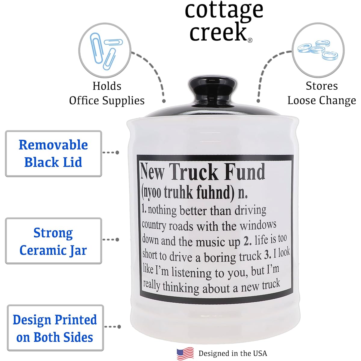 Cottage Creek Piggy Bank Truck Fund Coin Bank Round Ceramic Truck Fund Jar with Black Lid Truck Gifts [White]